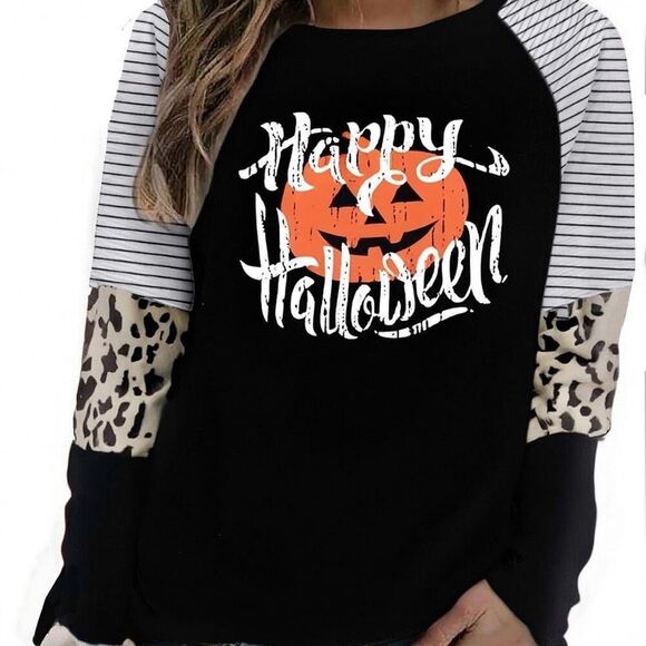 Halloween Shirt - Happy Halloween Pumpkin Face Graphic Womens Long Sleeve - Picture 1 of 7